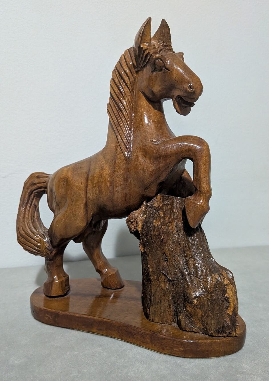 Vintage Mid-Century Hand-Carved Wood Rearing Horse Stallion Statue Sculpture